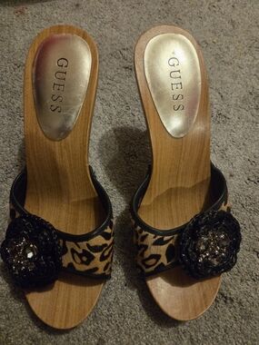GUESS Leopard Print Slide Mules with Black Floral Jewel Accent